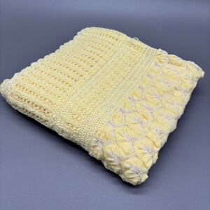 Heirloom Lace Crochet Baby Blanket Yellow White Christening Vintage Keepsake